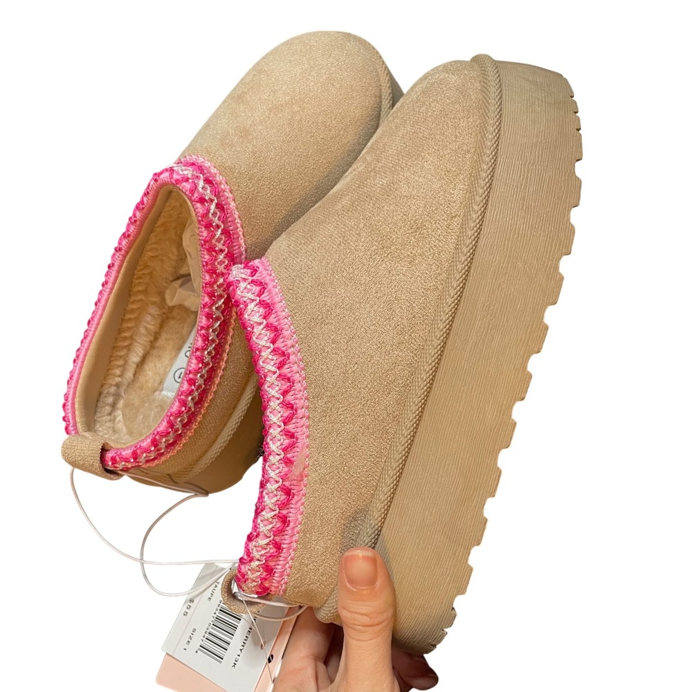 Olivia & Kate Girls Platform Slippers Taupe Pink Trim Faux Fur Size 1 New In Box